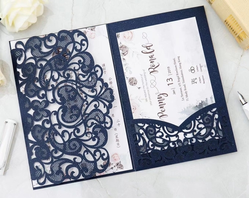 Pink Art Paper Laser Cut Wedding Cards With Ribbon For Wedding Party