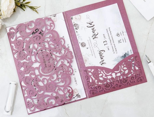Pink Art Paper Laser Cut Wedding Cards With Ribbon For Wedding Party
