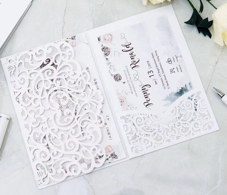 Pink Art Paper Laser Cut Wedding Cards With Ribbon For Wedding Party