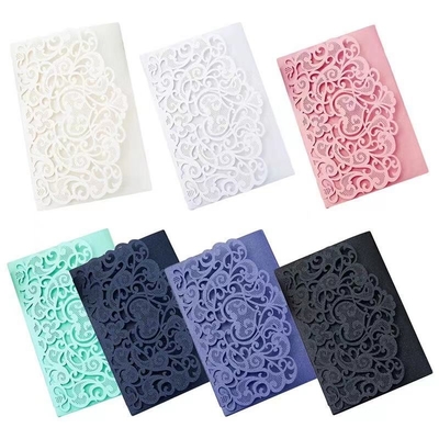 Pink Art Paper Laser Cut Wedding Cards With Ribbon For Wedding Party