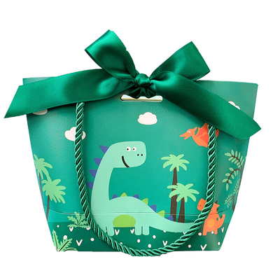 Green Art Paper Printed Paper Shopping Bag With Ribbon Handle Rope For Gift Package