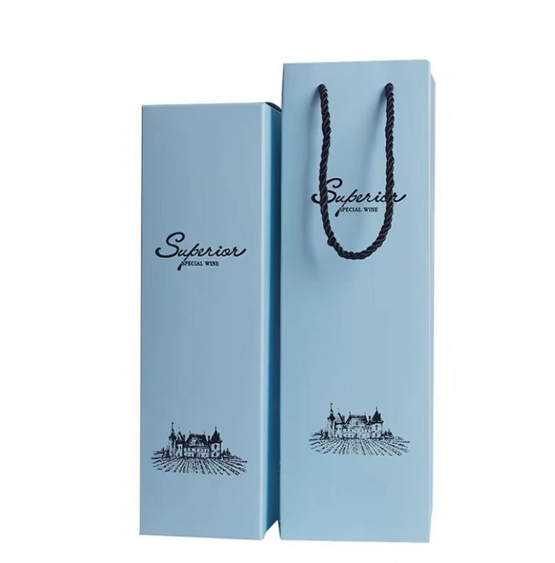 Blue	Coated Paper Foldable Gift Boxes With Ribbon Wine Gift Packaging